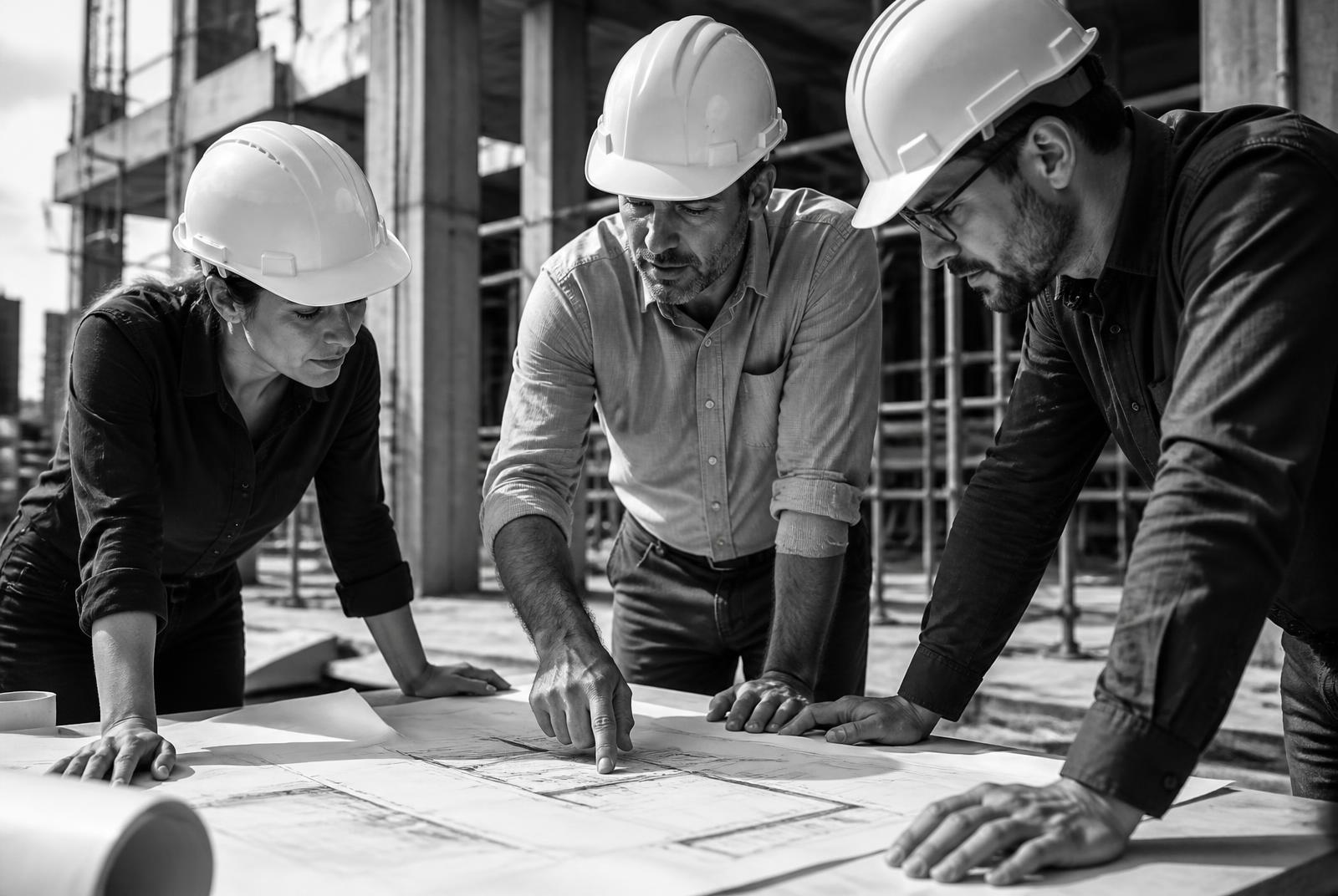 Architectural reference image of a site team reviewing construction drawings